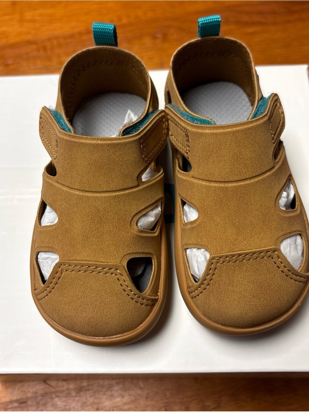Kids Closed-Toe Brown Sandals with Teal Pull Tabs
